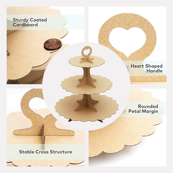 2-Pack Kraft Paper 3-Tier Cupcake Stand, Cardboard Dessert Tower for Parties, Durable Cupcake Holder Display (Brown)