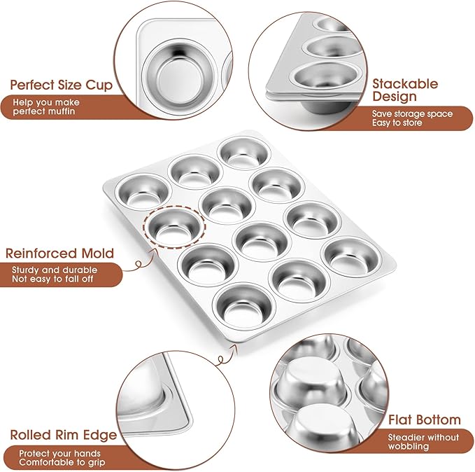 Muffin Pan Cupcake Baking Pan Set, Stainless Steel Muffin Tin Tray for Mini Cake Tart Quiche, Oven & Dishwasher Safe, Non-toxic & Heavy-duty, (12 Cup, 2Pcs)