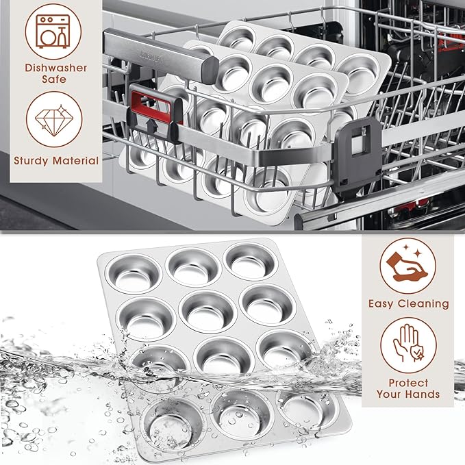 Muffin Pan Cupcake Baking Pan Set, Stainless Steel Muffin Tin Tray for Mini Cake Tart Quiche, Oven & Dishwasher Safe, Non-toxic & Heavy-duty, (12 Cup, 2Pcs)