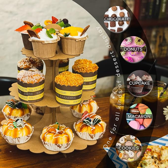 2-Pack Kraft Paper 3-Tier Cupcake Stand, Cardboard Dessert Tower for Parties, Durable Cupcake Holder Display (Brown)