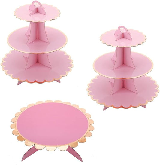 Pink Cupcake & Cake Stand Tray, 3-Tiered Cardboard Cupcake Stand, Easy Assemble Dessert Stand Holder for Party , Girls Baby Shower