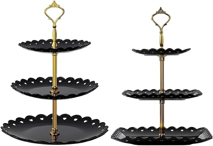 2 Pack of Large Plastic Dessert Stands, 3 Tier Cupcake Stand, 3 Tiered Serving Display Stand Reusable Pastry Dessert Tower Tray/Platter for Tea Party, Baby Shower and Wedding (Black)