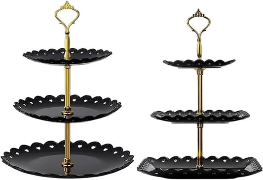 2 Pack of Large Plastic Dessert Stands, 3 Tier Cupcake Stand, 3 Tiered Serving Display Stand Reusable Pastry Dessert Tower Tray/Platter for Tea Party, Baby Shower and Wedding (Black)