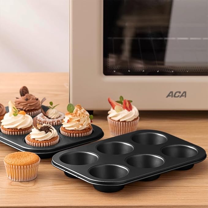 2 Packs Premium Steel Muffin Pan for Baking, Round Muffin Baking Pan, Baking Tray for Muffins, Cupcakes, Brownie(Black, 6 Cup)