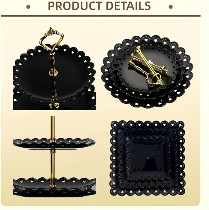 2 Pack of Large Plastic Dessert Stands, 3 Tier Cupcake Stand, 3 Tiered Serving Display Stand Reusable Pastry Dessert Tower Tray/Platter for Tea Party, Baby Shower and Wedding (Black)