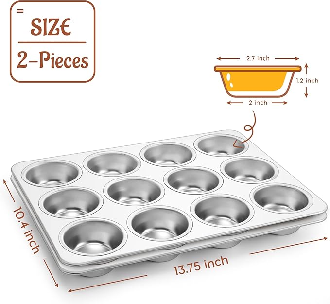 Muffin Pan Cupcake Baking Pan Set, Stainless Steel Muffin Tin Tray for Mini Cake Tart Quiche, Oven & Dishwasher Safe, Non-toxic & Heavy-duty, (12 Cup, 2Pcs)
