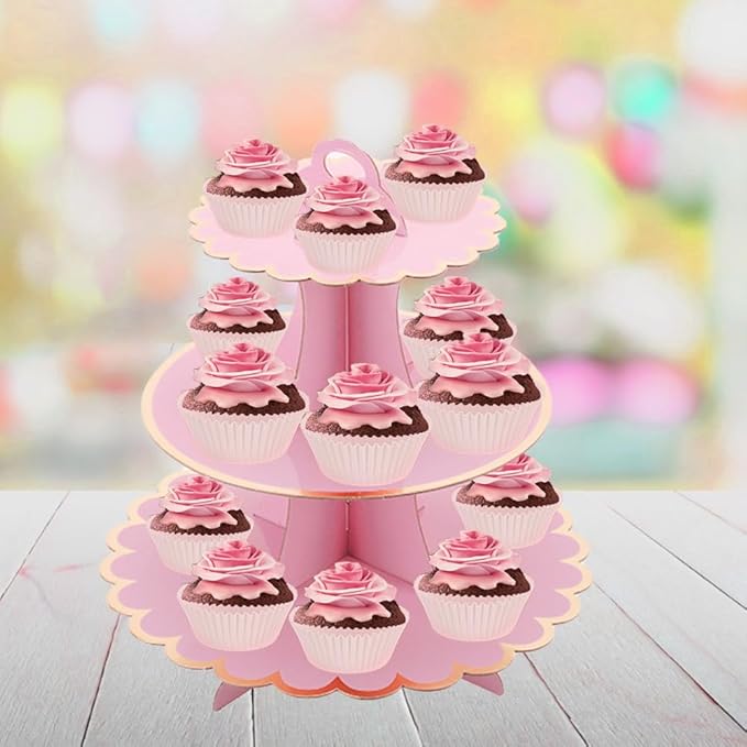 Pink Cupcake & Cake Stand Tray, 3-Tiered Cardboard Cupcake Stand, Easy Assemble Dessert Stand Holder for Party , Girls Baby Shower