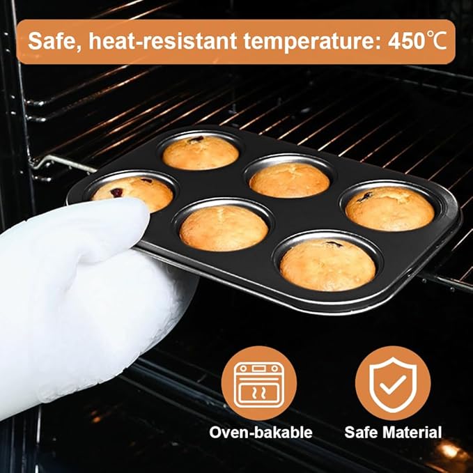 2 Packs Premium Steel Muffin Pan for Baking, Round Muffin Baking Pan, Baking Tray for Muffins, Cupcakes, Brownie(Black, 6 Cup)