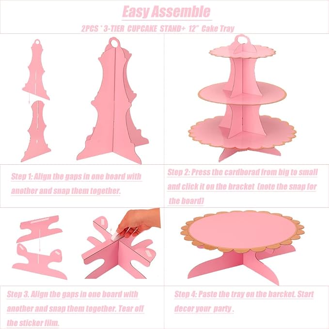 Pink Cupcake & Cake Stand Tray, 3-Tiered Cardboard Cupcake Stand, Easy Assemble Dessert Stand Holder for Party , Girls Baby Shower