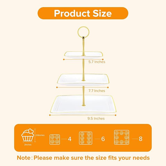 3 Tier Cupcake Stand Tower, White Plastic Cup Cake Holder for Dessert Table, Tiered Serving Tray for Tea Party, Baby Shower, Wedding and More (Square)
