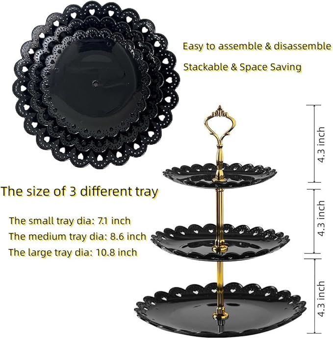 2 Pack of Large Plastic Dessert Stands, 3 Tier Cupcake Stand, 3 Tiered Serving Display Stand Reusable Pastry Dessert Tower Tray/Platter for Tea Party, Baby Shower and Wedding (Black)