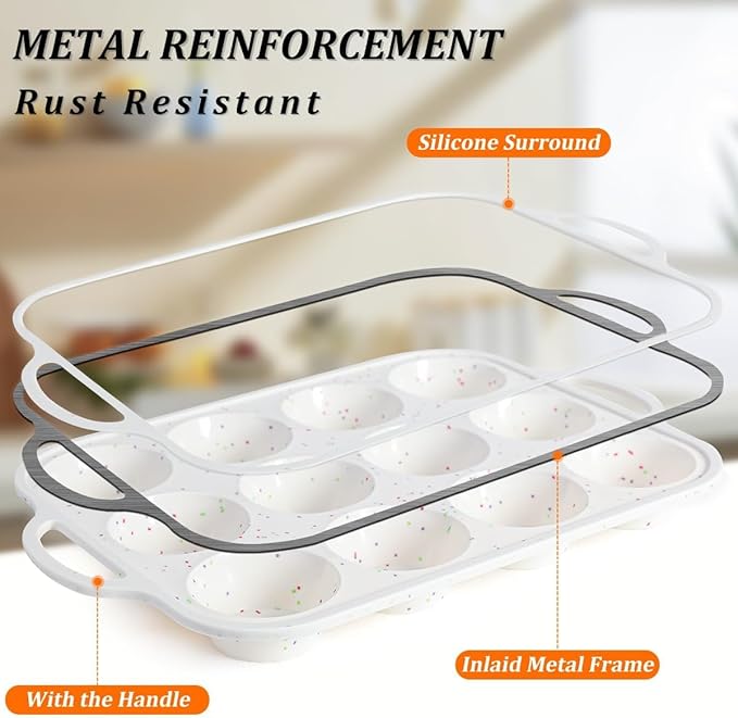 Silicone Muffin Pan, with Metal Reinforced Frame 2.8 Inch Regular Size Silicone Cupcake Pan Nonstick 12 Cups for Baking Homemade Muffins, Cupcakes, Egg Bites 2 Pack Dishwasher Safe BPA Free