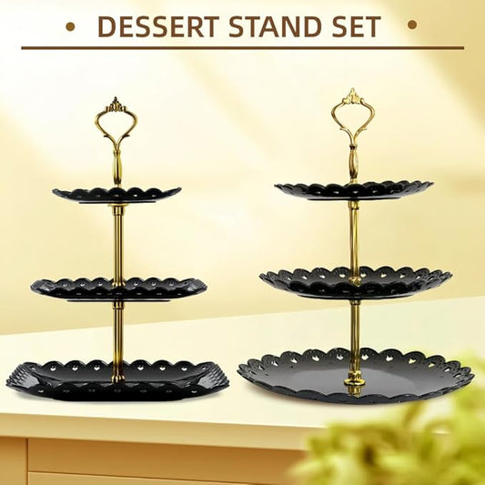 2 Pack of Large Plastic Dessert Stands, 3 Tier Cupcake Stand, 3 Tiered Serving Display Stand Reusable Pastry Dessert Tower Tray/Platter for Tea Party, Baby Shower and Wedding (Black)