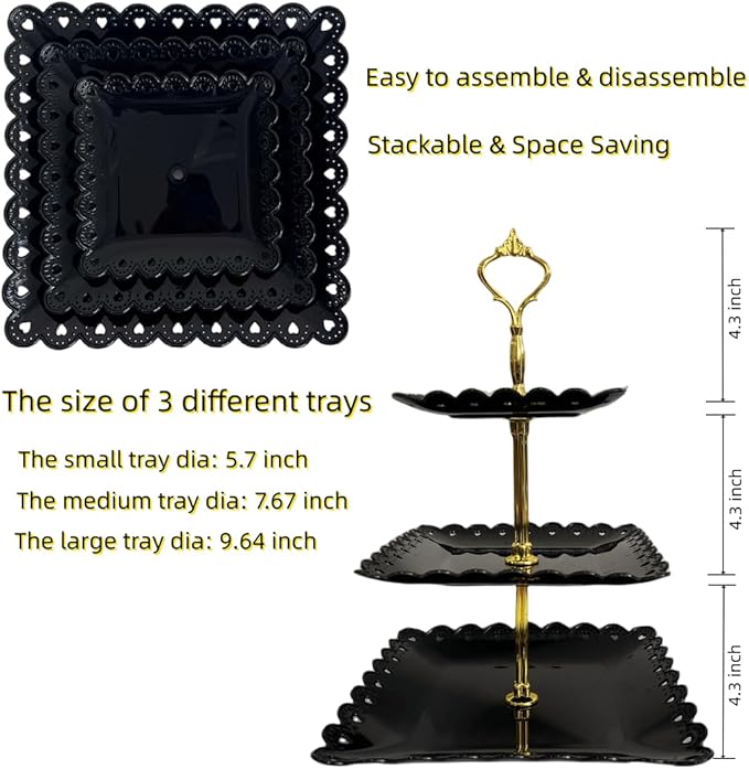 2 Pack of Large Plastic Dessert Stands, 3 Tier Cupcake Stand, 3 Tiered Serving Display Stand Reusable Pastry Dessert Tower Tray/Platter for Tea Party, Baby Shower and Wedding (Black)