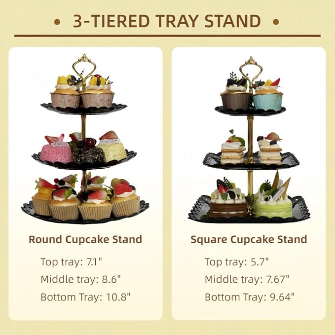 2 Pack of Large Plastic Dessert Stands, 3 Tier Cupcake Stand, 3 Tiered Serving Display Stand Reusable Pastry Dessert Tower Tray/Platter for Tea Party, Baby Shower and Wedding (Black)