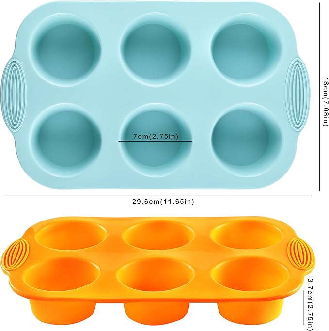 2PCS Silicone Muffin Cupcake Pan Molds, 6-Cavity Nonstick Silicone Muffin Pans for baking, Perfect for Cupcakes, Muffin, Brownies and More, BPA Free, 2 Pack (Orange and Peacock Blue)