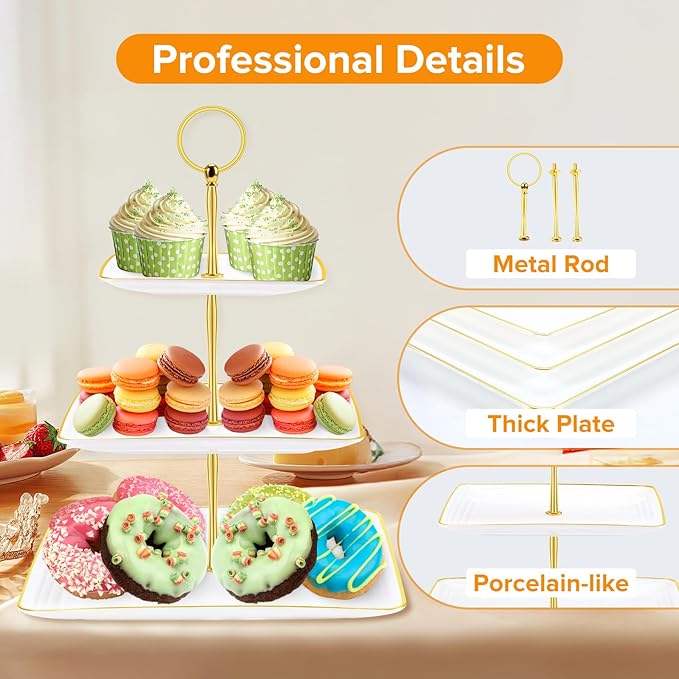 3 Tier Cupcake Stand Tower, White Plastic Cup Cake Holder for Dessert Table, Tiered Serving Tray for Tea Party, Baby Shower, Wedding and More (Square)
