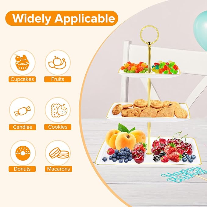 3 Tier Cupcake Stand Tower, White Plastic Cup Cake Holder for Dessert Table, Tiered Serving Tray for Tea Party, Baby Shower, Wedding and More (Square)