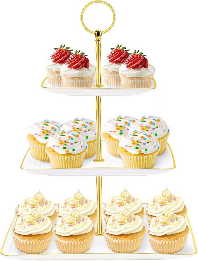 3 Tier Cupcake Stand Tower, White Plastic Cup Cake Holder for Dessert Table, Tiered Serving Tray for Tea Party, Baby Shower, Wedding and More (Square)