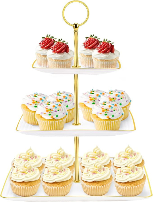 3 Tier Cupcake Stand Tower, White Plastic Cup Cake Holder for Dessert Table, Tiered Serving Tray for Tea Party, Baby Shower, Wedding and More (Square)