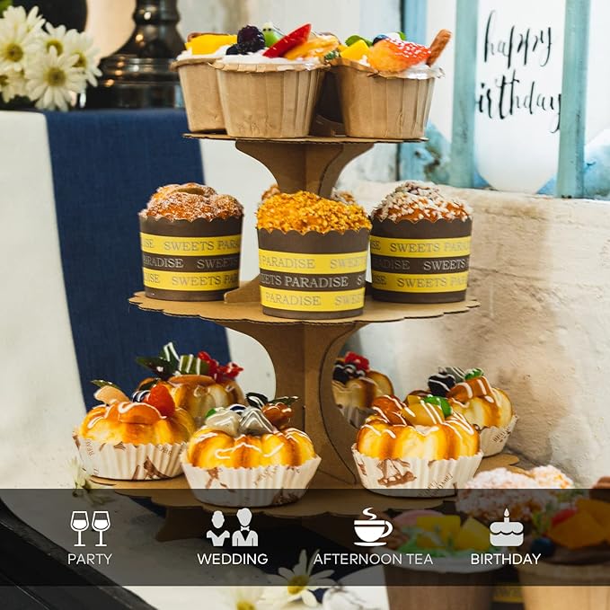 2-Pack Kraft Paper 3-Tier Cupcake Stand, Cardboard Dessert Tower for Parties, Durable Cupcake Holder Display (Brown)