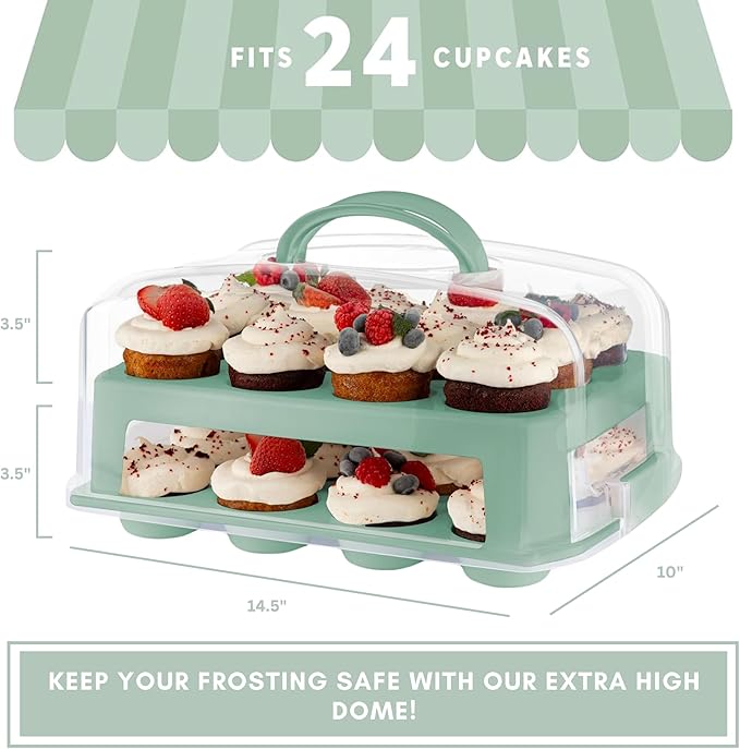 Cupcake Carrier 24 Count - Sturdy Cupcake Holder with Lid & 2 Handles, Stylish Two-Tier Cupcake Carrier/Stand, Spacious 3.5” Top & Bottom Tray