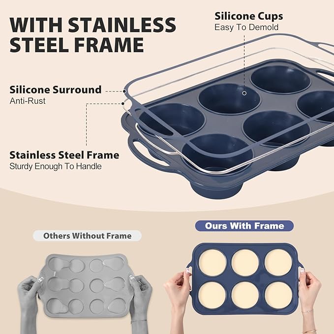 Jumbo Silicone Muffin Pan with Metal Frame, Non Stick Silicone Cupcake Pan with Handles 6 Cup, BPA Free Silicon Muffin Tin Tray Extra Large for baking, egg bites, Cupcake Mold Grey