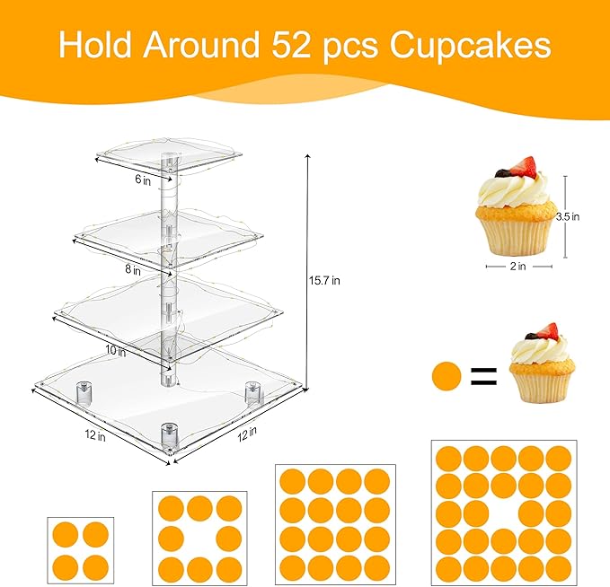 4 Tier Cupcake Stand Acrylic Tower Display with LED Light Premium Holder Dessert Tree Tower for Birthday Cady Bar Décor Weddings, Parties Events (Yellow Light)