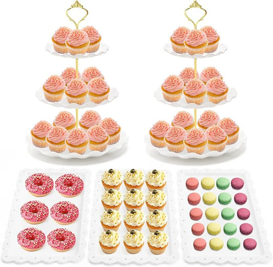 5 Pieces Cupcake Stand Set, 2 Pieces 3 Tier Cupcake Stands with 3 Pieces Appetizer Trays, Dessert Table Display Set for Tea Party, Baby Shower and Wedding