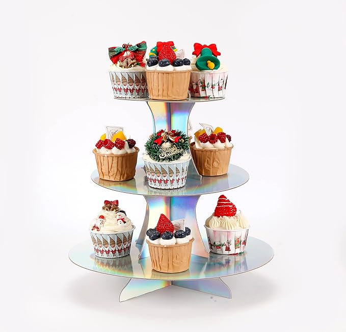 3-Tier Cupcake Stand, Round Rainbow Cake Stand holder, Tiered DIY Cupcake Stand Tower for Dessert Table Displays, Birthday Theme Party Favors Decoration, Floral Tea Party, 12" W x 12.8" H, Laser