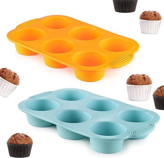 2PCS Silicone Muffin Cupcake Pan Molds, 6-Cavity Nonstick Silicone Muffin Pans for baking, Perfect for Cupcakes, Muffin, Brownies and More, BPA Free, 2 Pack (Orange and Peacock Blue)