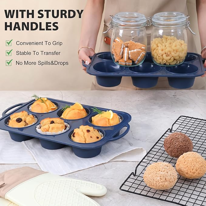 Jumbo Silicone Muffin Pan with Metal Frame, Non Stick Silicone Cupcake Pan with Handles 6 Cup, BPA Free Silicon Muffin Tin Tray Extra Large for baking, egg bites, Cupcake Mold Grey