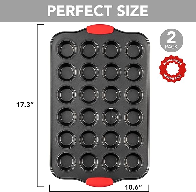 Mini Muffin Pan, 24 Cavity Cupcake Pan, Nonstick Baking Pan, Heavy Duty Small Muffin Tin with Silicone Grip Handles, Set of 2