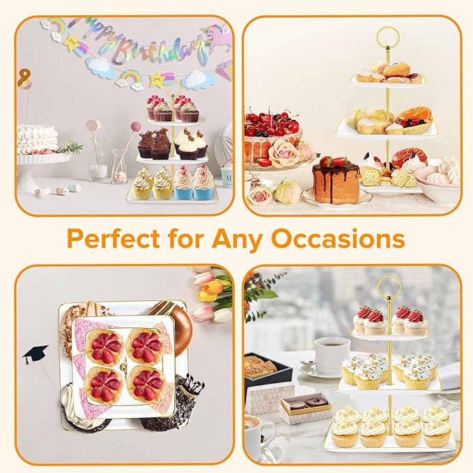 3 Tier Cupcake Stand Tower, White Plastic Cup Cake Holder for Dessert Table, Tiered Serving Tray for Tea Party, Baby Shower, Wedding and More (Square)