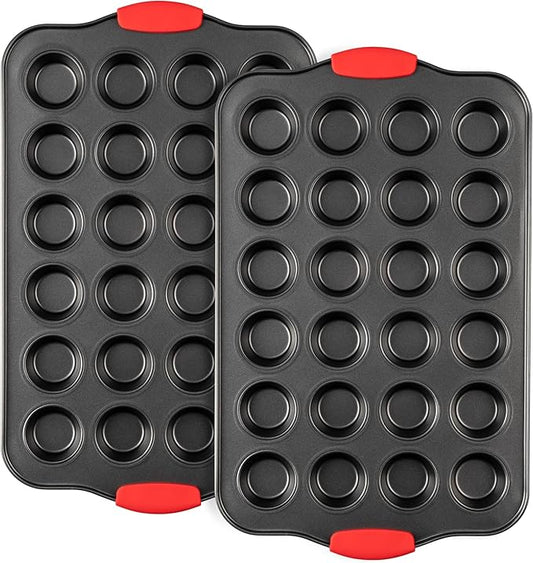 Mini Muffin Pan, 24 Cavity Cupcake Pan, Nonstick Baking Pan, Heavy Duty Small Muffin Tin with Silicone Grip Handles, Set of 2