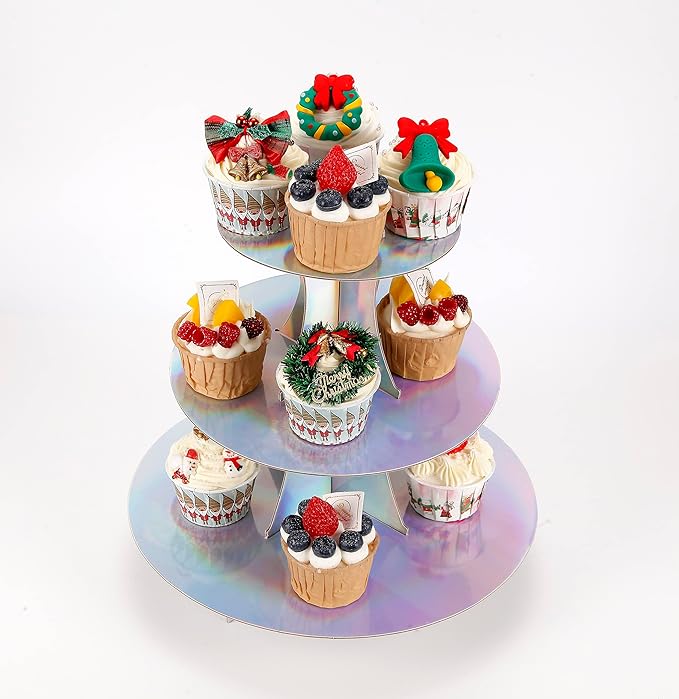 3-Tier Cupcake Stand, Round Rainbow Cake Stand holder, Tiered DIY Cupcake Stand Tower for Dessert Table Displays, Birthday Theme Party Favors Decoration, Floral Tea Party, 12" W x 12.8" H, Laser