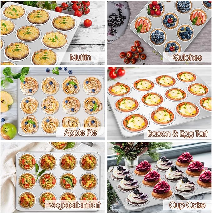 Muffin Pan Cupcake Baking Pan Set, Stainless Steel Muffin Tin Tray for Mini Cake Tart Quiche, Oven & Dishwasher Safe, Non-toxic & Heavy-duty, (12 Cup, 2Pcs)