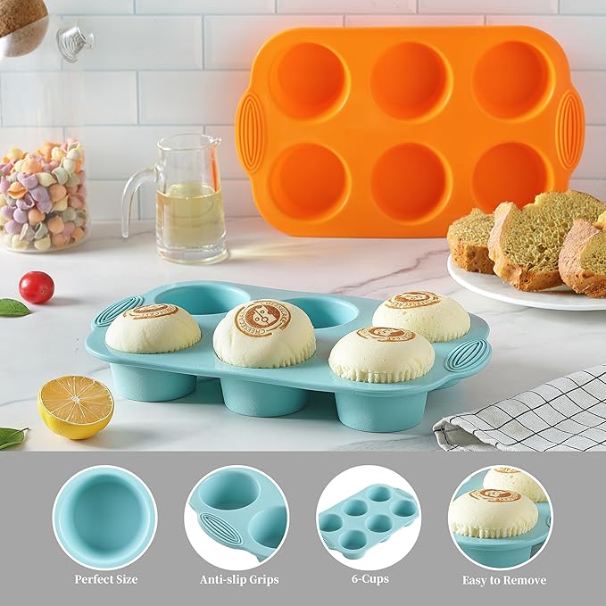 2PCS Silicone Muffin Cupcake Pan Molds, 6-Cavity Nonstick Silicone Muffin Pans for baking, Perfect for Cupcakes, Muffin, Brownies and More, BPA Free, 2 Pack (Orange and Peacock Blue)