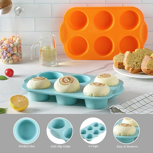 2PCS Silicone Muffin Cupcake Pan Molds, 6-Cavity Nonstick Silicone Muffin Pans for baking, Perfect for Cupcakes, Muffin, Brownies and More, BPA Free, 2 Pack (Orange and Peacock Blue)