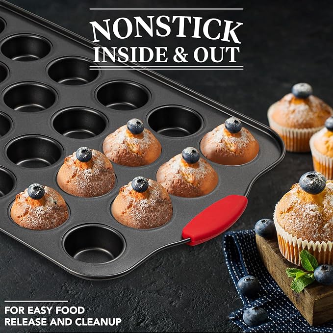 Mini Muffin Pan, 24 Cavity Cupcake Pan, Nonstick Baking Pan, Heavy Duty Small Muffin Tin with Silicone Grip Handles, Set of 2