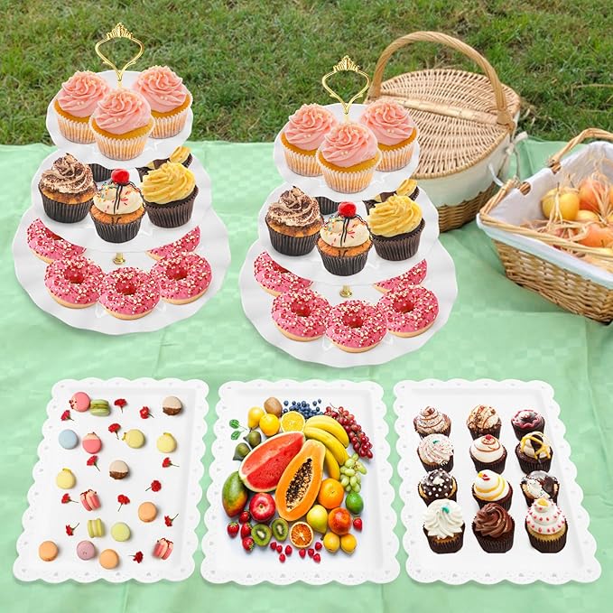 5 Pieces Cupcake Stand Set, 2 Pieces 3 Tier Cupcake Stands with 3 Pieces Appetizer Trays, Dessert Table Display Set for Tea Party, Baby Shower and Wedding