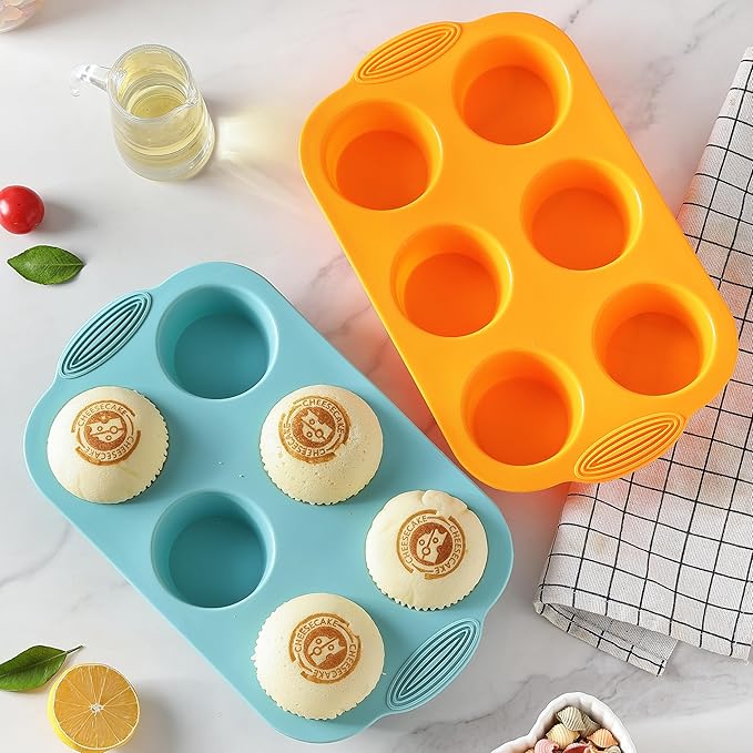2PCS Silicone Muffin Cupcake Pan Molds, 6-Cavity Nonstick Silicone Muffin Pans for baking, Perfect for Cupcakes, Muffin, Brownies and More, BPA Free, 2 Pack (Orange and Peacock Blue)