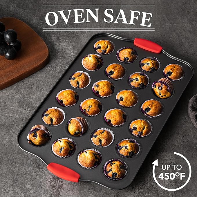 Mini Muffin Pan, 24 Cavity Cupcake Pan, Nonstick Baking Pan, Heavy Duty Small Muffin Tin with Silicone Grip Handles, Set of 2