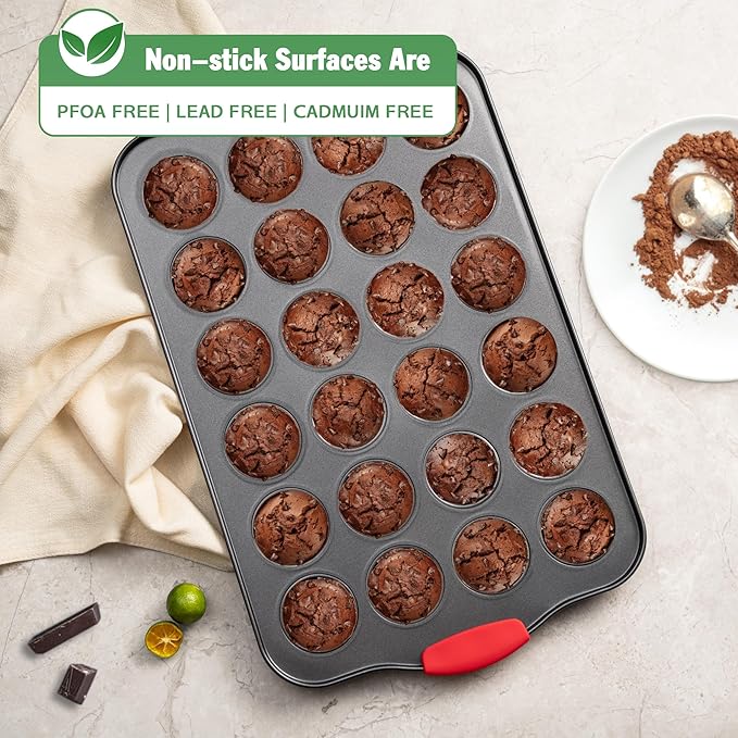 Mini Muffin Pan, 24 Cavity Cupcake Pan, Nonstick Baking Pan, Heavy Duty Small Muffin Tin with Silicone Grip Handles, Set of 2