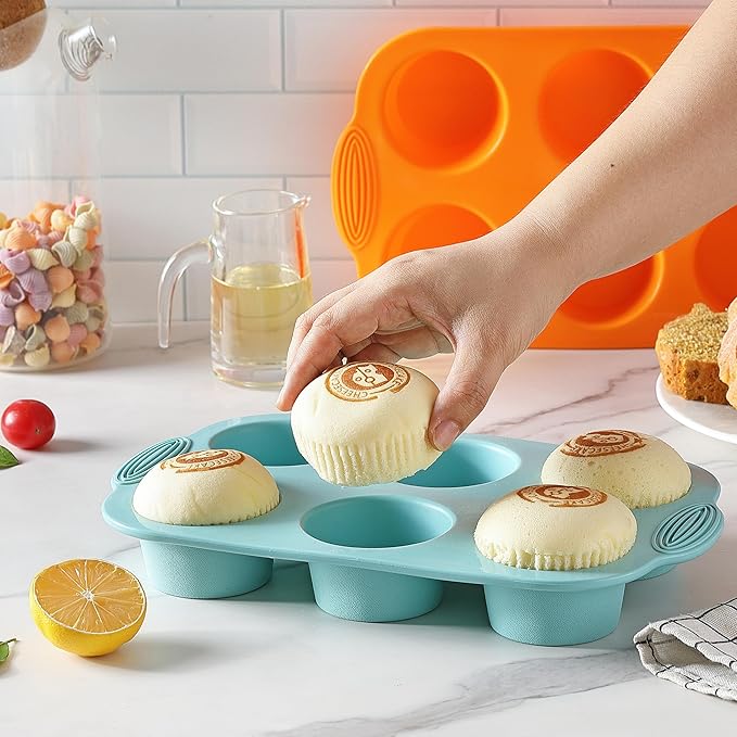 2PCS Silicone Muffin Cupcake Pan Molds, 6-Cavity Nonstick Silicone Muffin Pans for baking, Perfect for Cupcakes, Muffin, Brownies and More, BPA Free, 2 Pack (Orange and Peacock Blue)